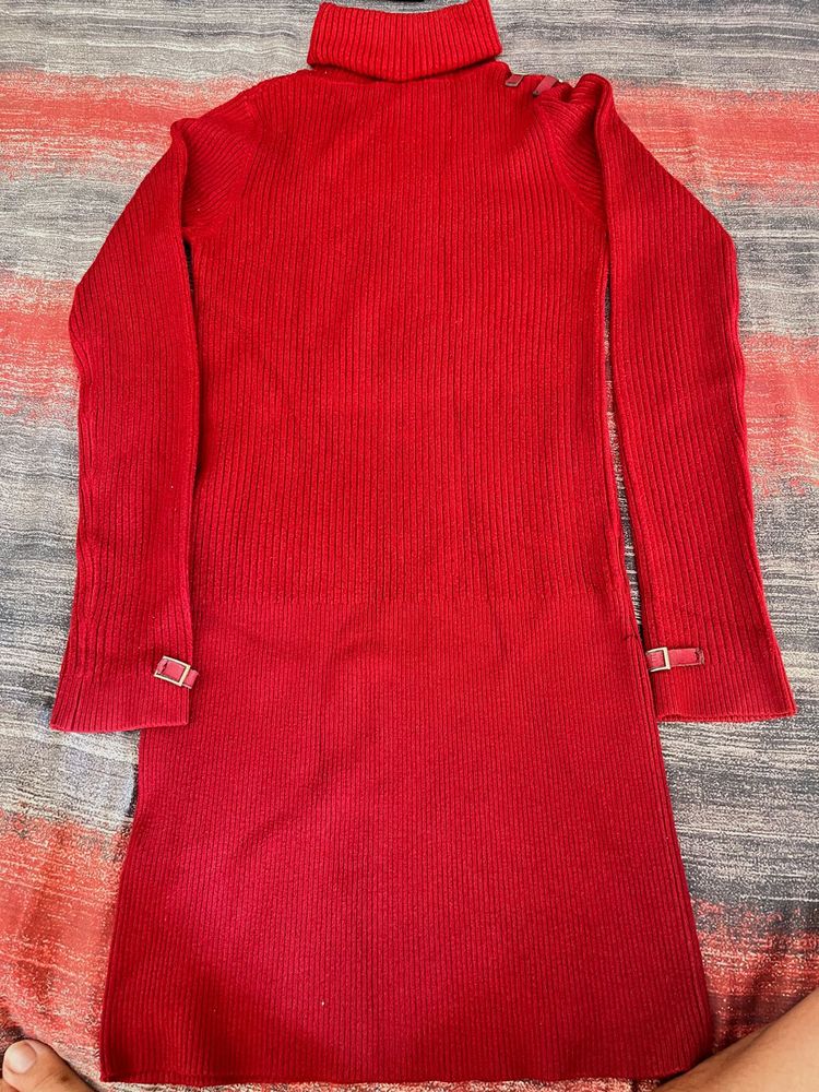 Red Turtleneck Ribbed Knit Dress