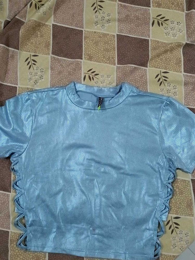 Tokyo Talkies Blue Metallic Crop Top💙