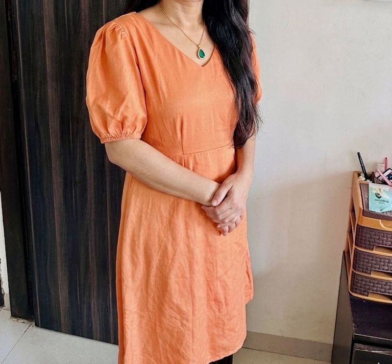 Orange Puff Sleeve V-Neck Dress