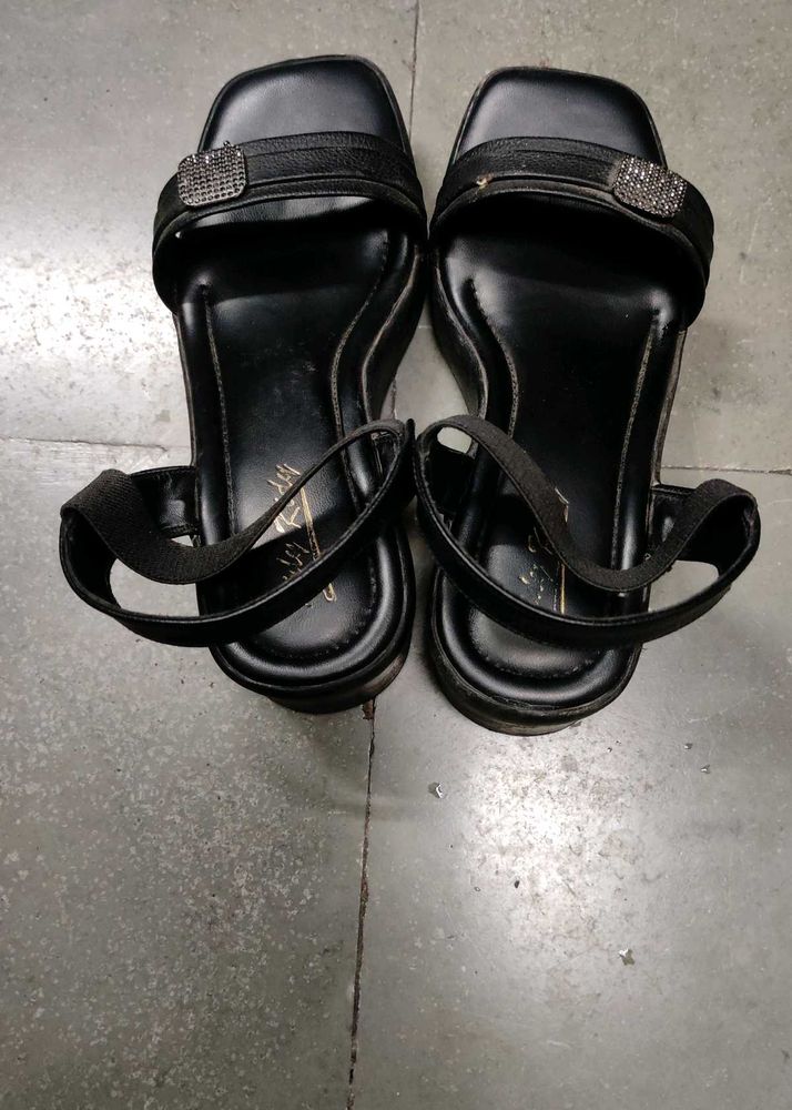 Black Wedge Sandals with Embellishment