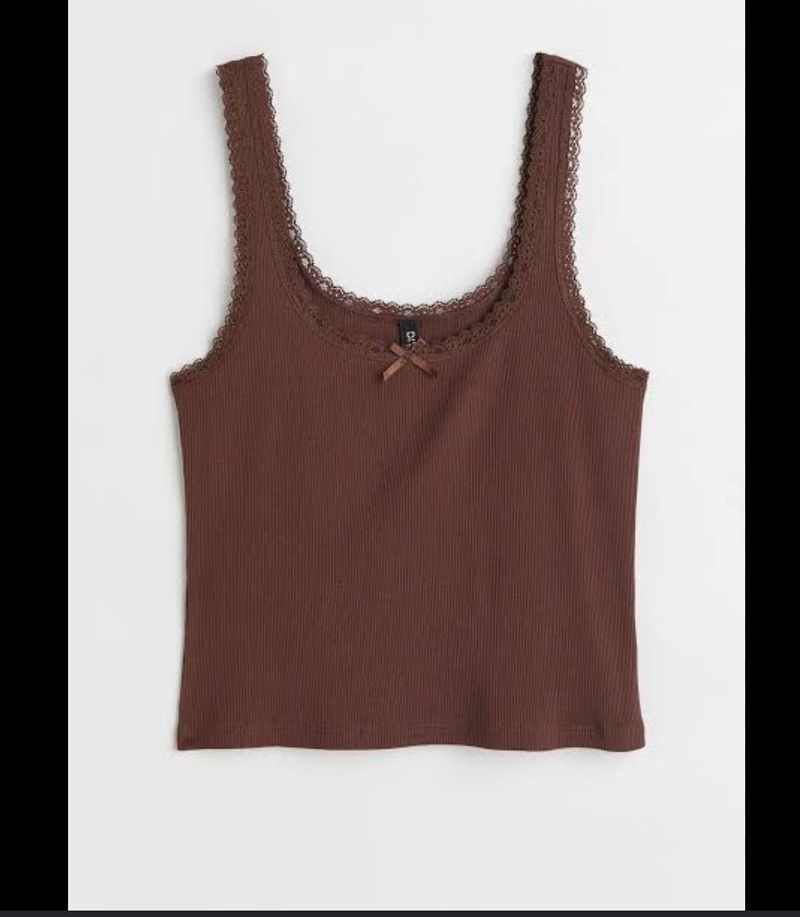 H&amp;M brown lace trimmed top