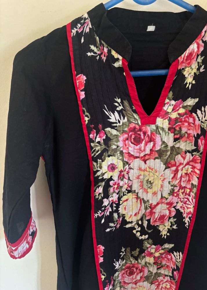 Mid- length Black Kurta with Floral Print
