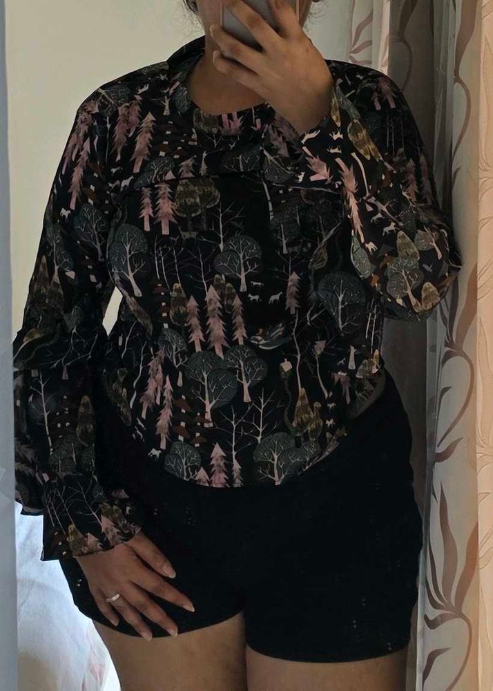Unique Forest Print Ruffle Sleeve Top