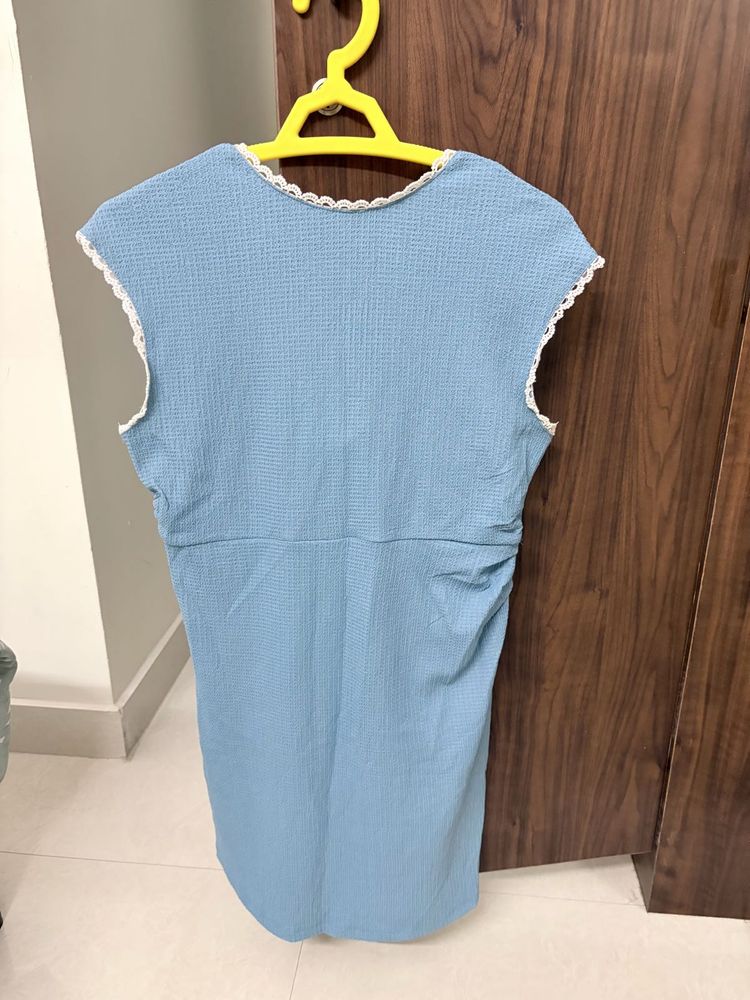Light Blue Textured Dress with Lace Trim