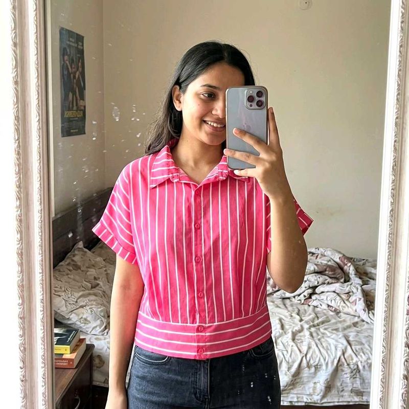 Pink Striped Button-Up Cropped Shirt