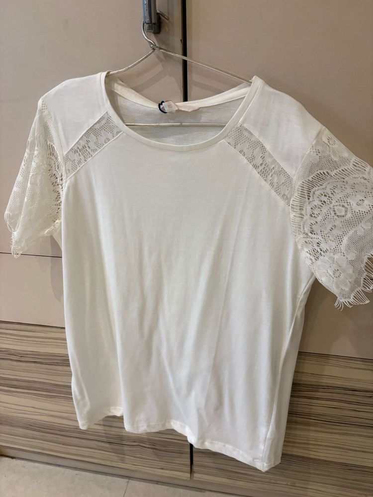 White Lace Sleeve T-Shirt