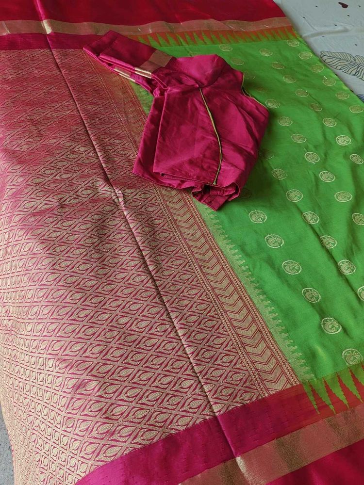 Parrot green Cotton silk Saree with Blouse