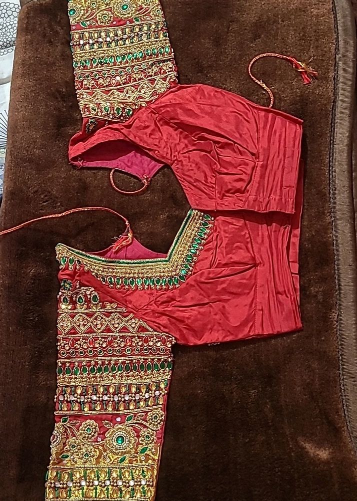 Red &amp; Gold Embellished Sari Blouse