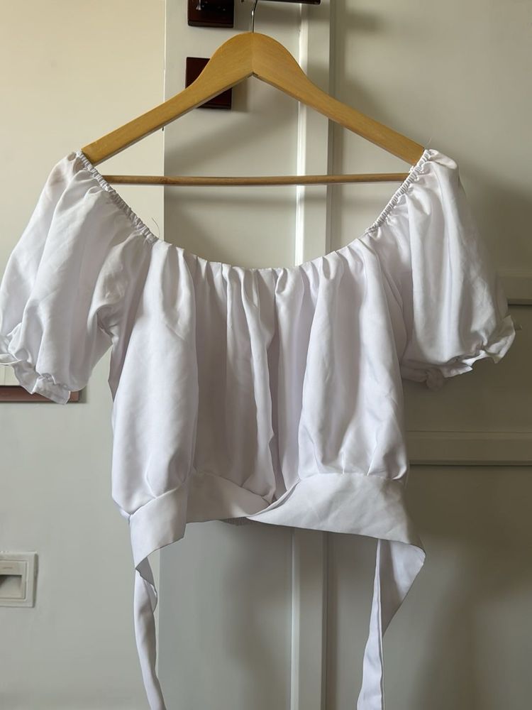 White Off-Shoulder Puff Sleeve Crop Top