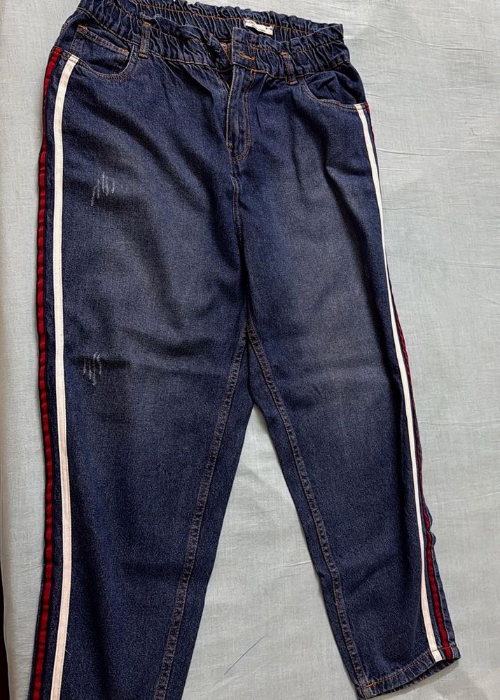 Blue Denim Jeans with Side Stripe