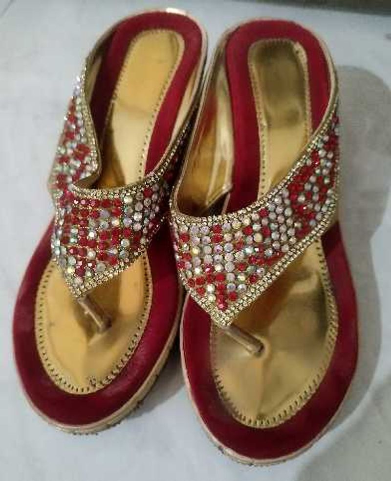 Embellished Red &amp; Gold Flat Sandals