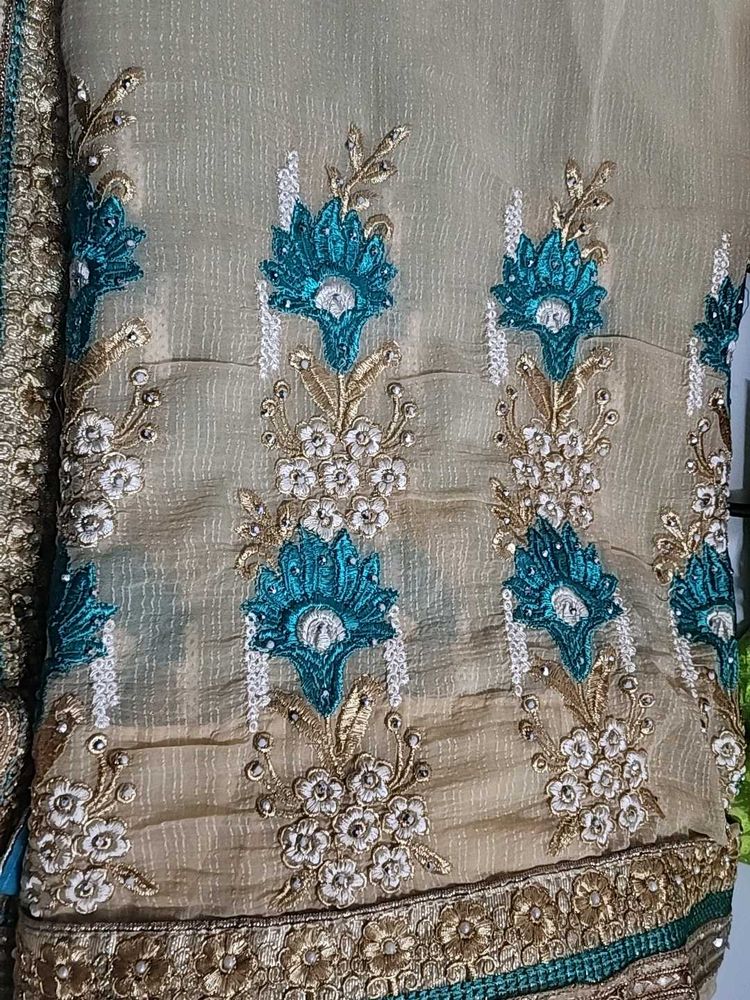 Embroidered Beige &amp; Teal Indian Dress