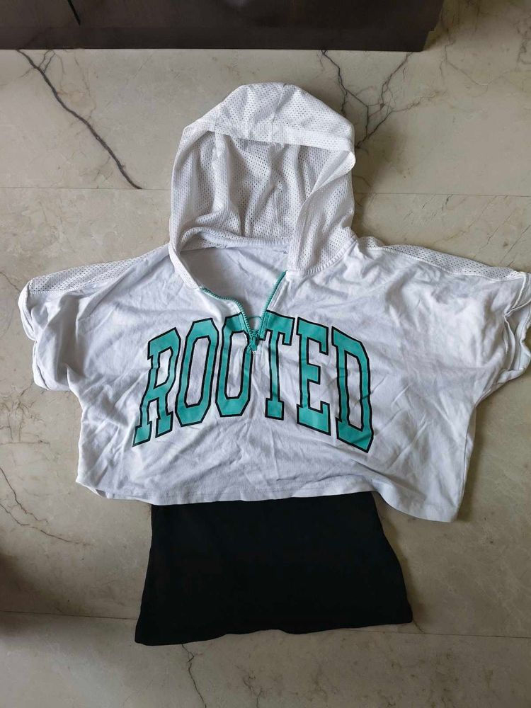 White Cropped Hoodie "Rooted" Graphic