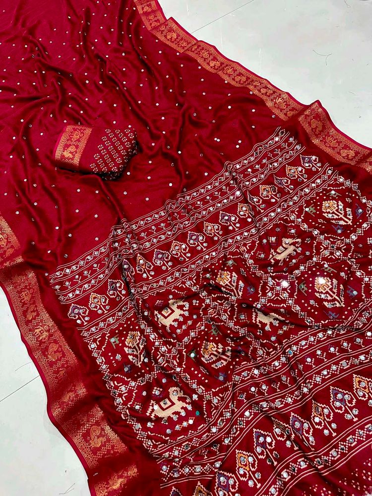 Stunning Red Silk Saree with Mirror Work