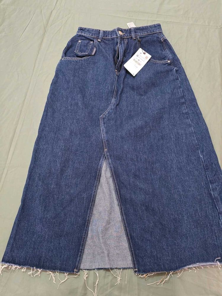 ZARA Denim A-Line Skirt with Front Slit