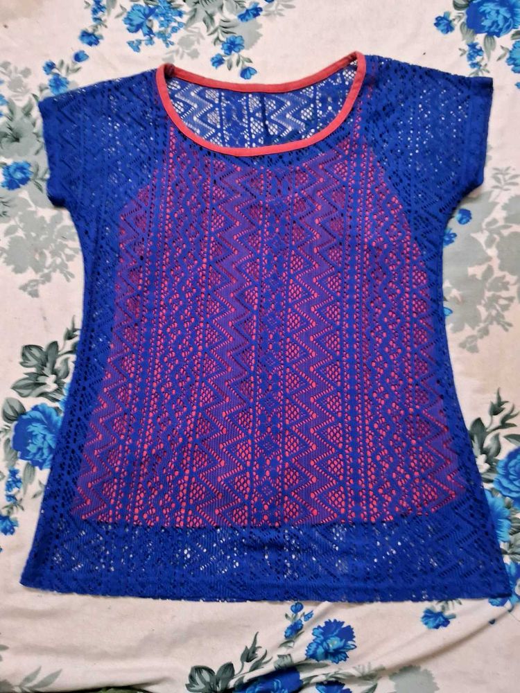 Blue Crochet Mesh Top