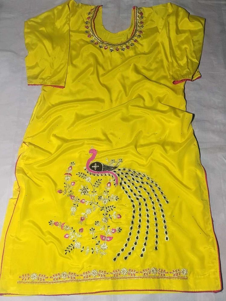 Vibrant Yellow Peacock Embroidered Kurta Set
