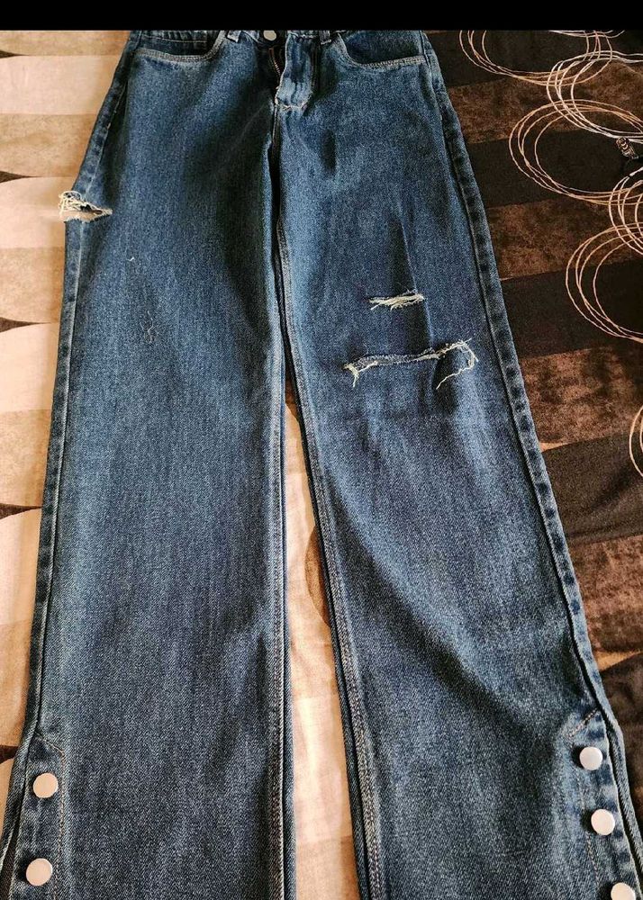 Ripped Wide Leg Denim Jeans