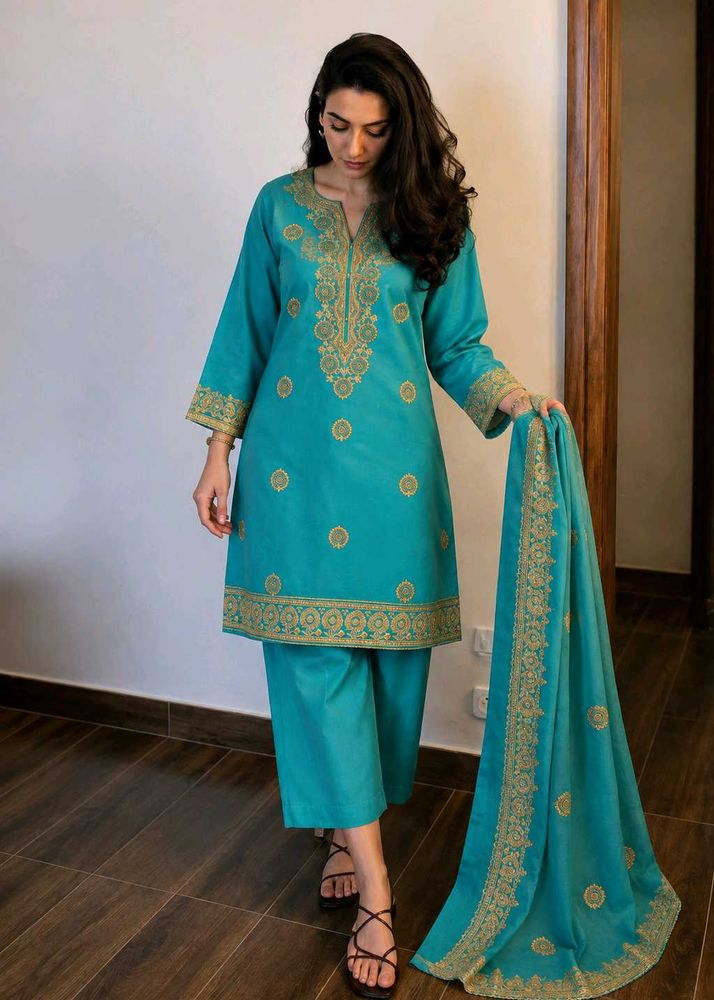 Teal Kurta Set with Gold Embroidery