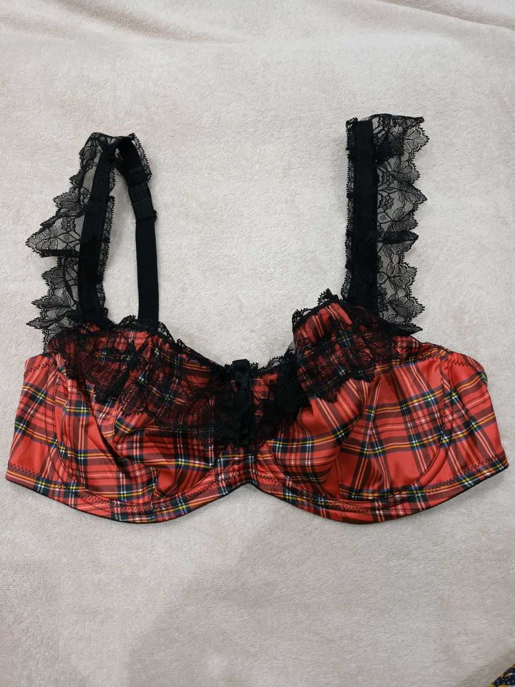 Red Plaid Lace Trim Bra