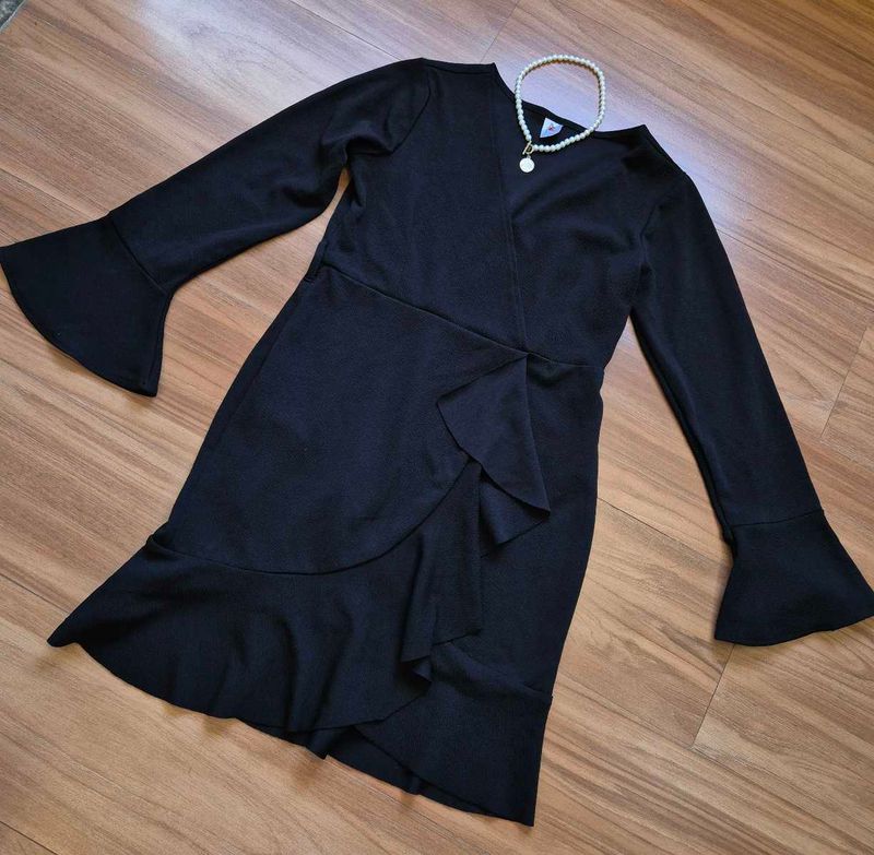 Athena chic Black Ruffle Dress with Bell Sleeves