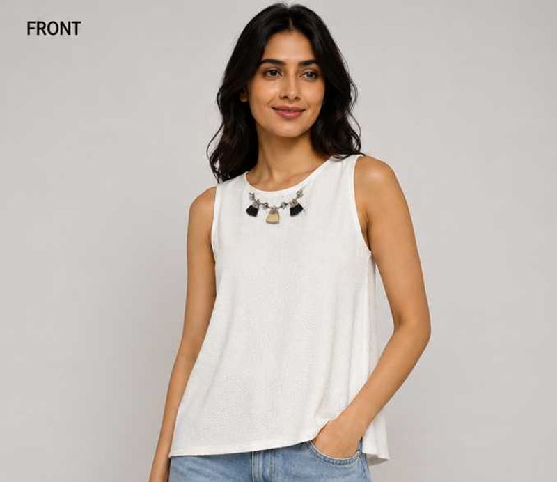 Chic White Textured Sleeveless Top with Necklace D