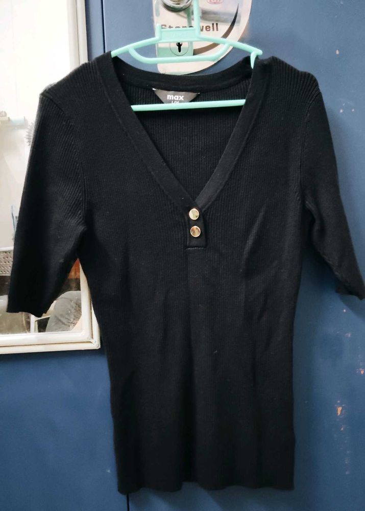 Black V-Neck Button Detail Knit Top