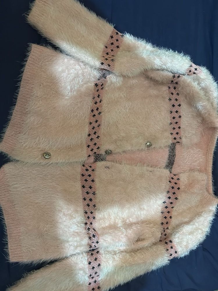 Pink Fuzzy Cardigan with Star Detail