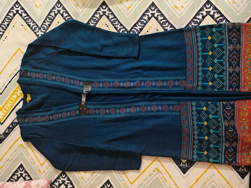 Teal Ethnic Print Cardigan,XS