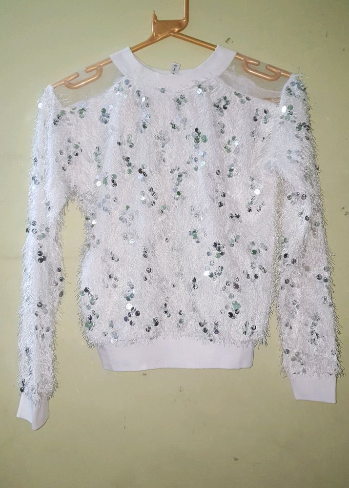White Fur Glittering Top