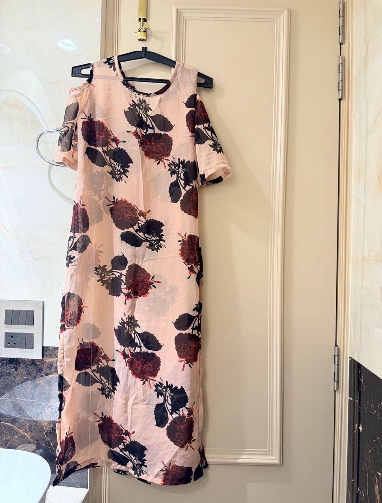 Light Pink/ beige Floral Cold Shoulder kurti