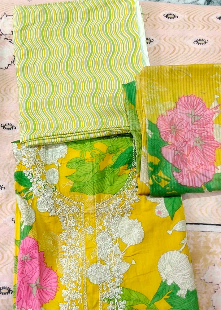 pakistani Yellow Floral Unstitched Dress Material