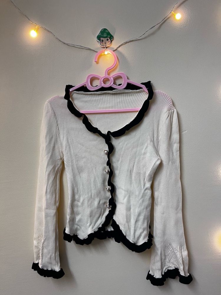 White &amp; Black Ruffle Cardigan