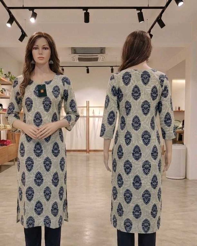 Brand New Cream &amp; Indigo Printed Straight kurti