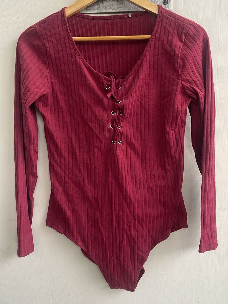 Maroon Ribbed Lace-Up Bodysuit