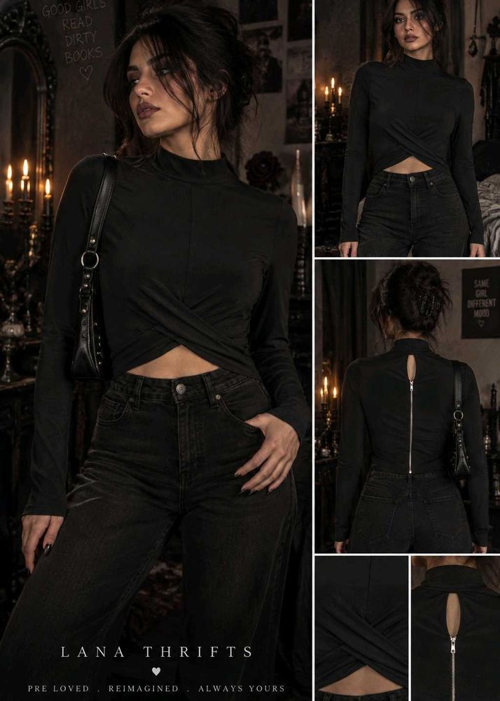 Black Long Sleeve Wrap Crop Top
