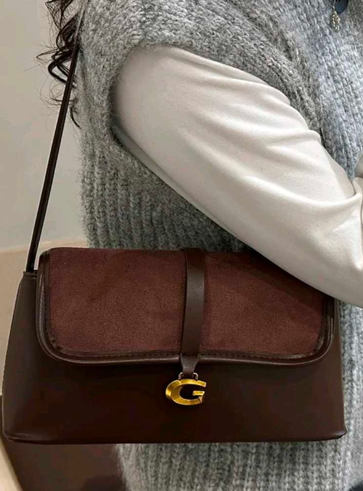 Chic Brown Suede &amp; Leather Shoulder Bag