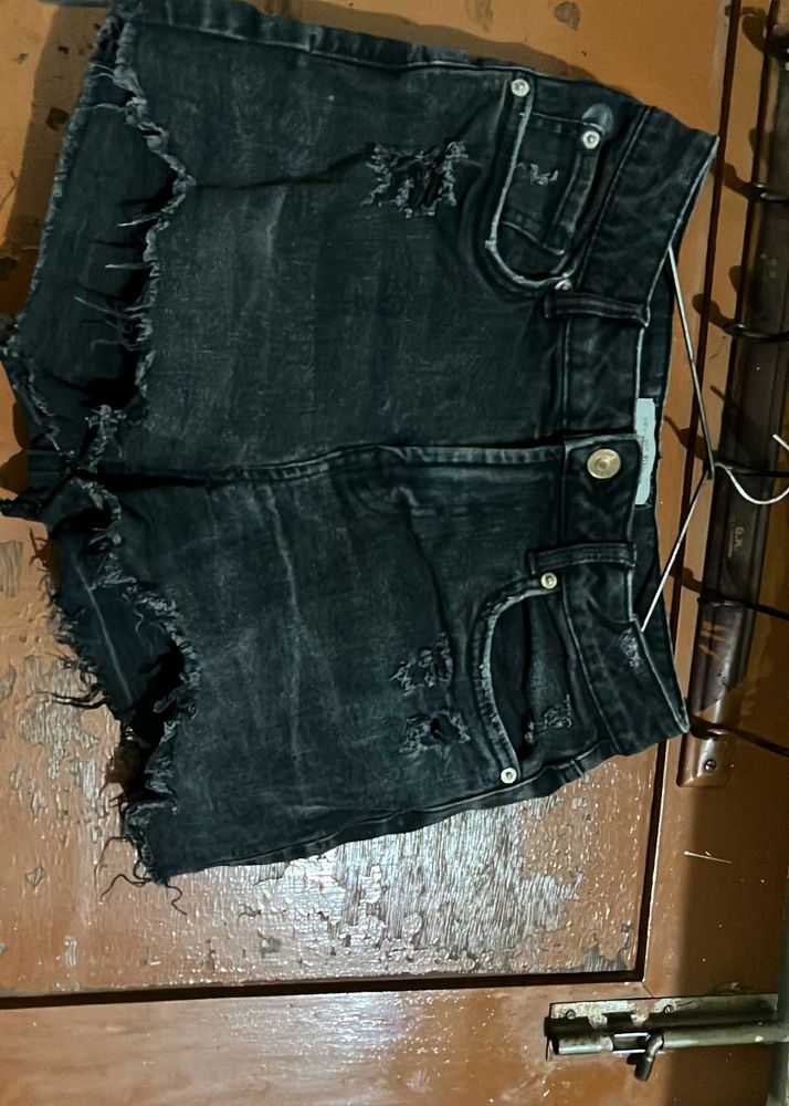 Distressed Black Denim Shorts