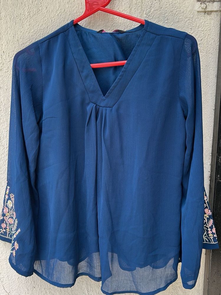 Elegant Blue Embroidered Sleeve Top