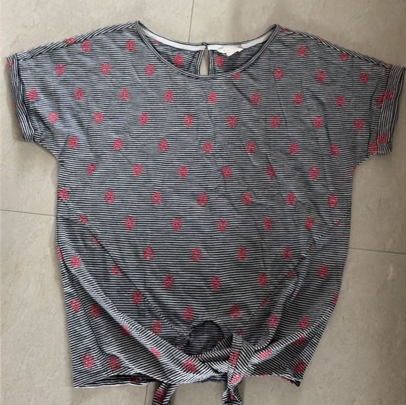 Striped Tie-Front Top with Pink Embroidery