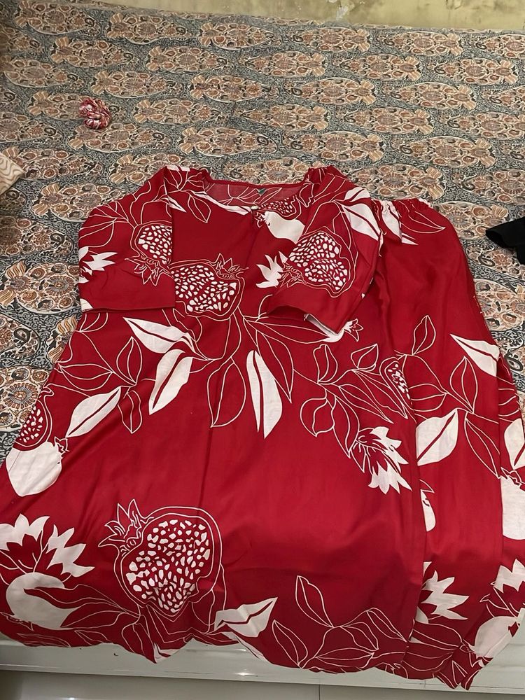 Red Pomegranate Print Kurta Set