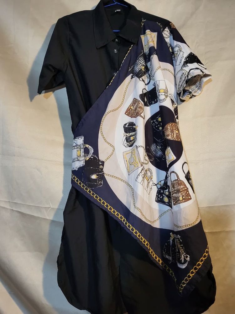 Unique Scarf-Accented Black Dress in small size