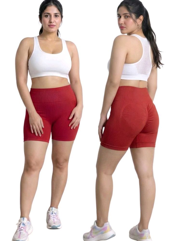 High-Waisted Ribbed Workout Shorts Free Size