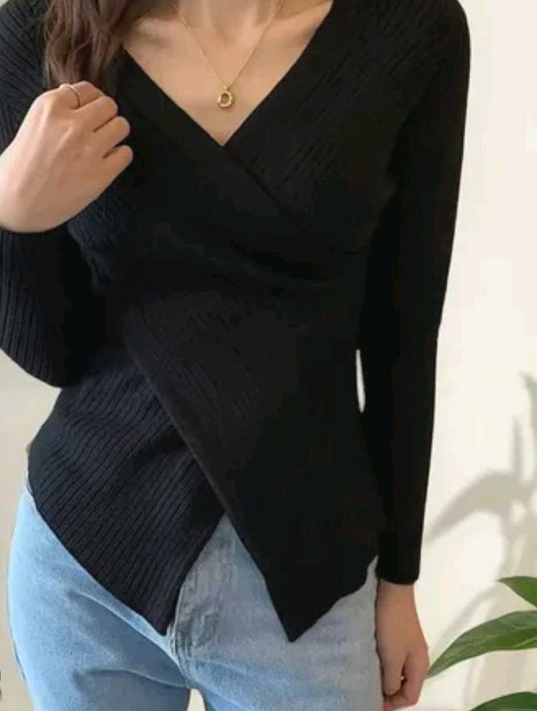 Stylish Black Wrap Knit Top