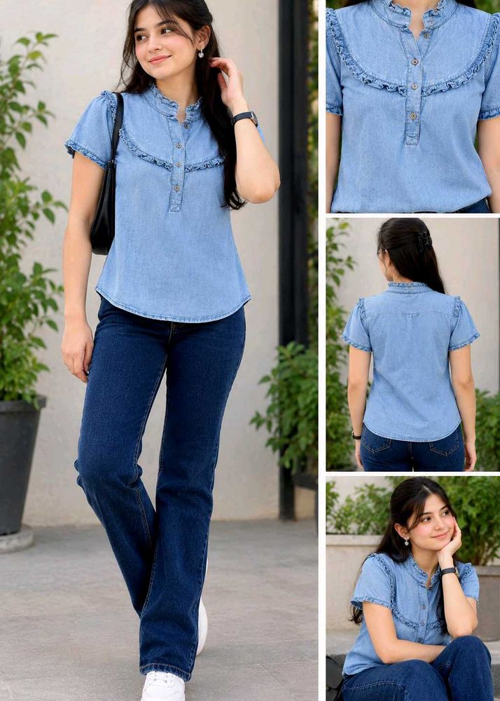 Chic Denim Ruffle Top and jeans