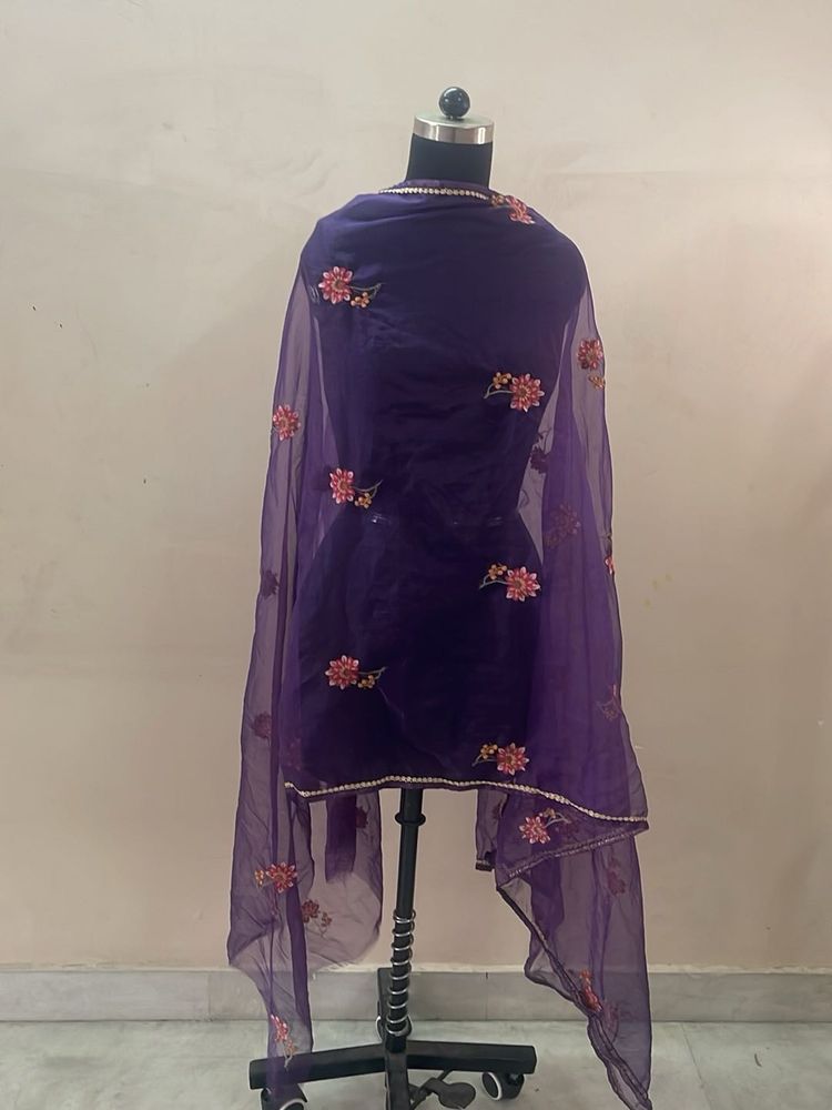 Embroidered Purple Net Dupatta