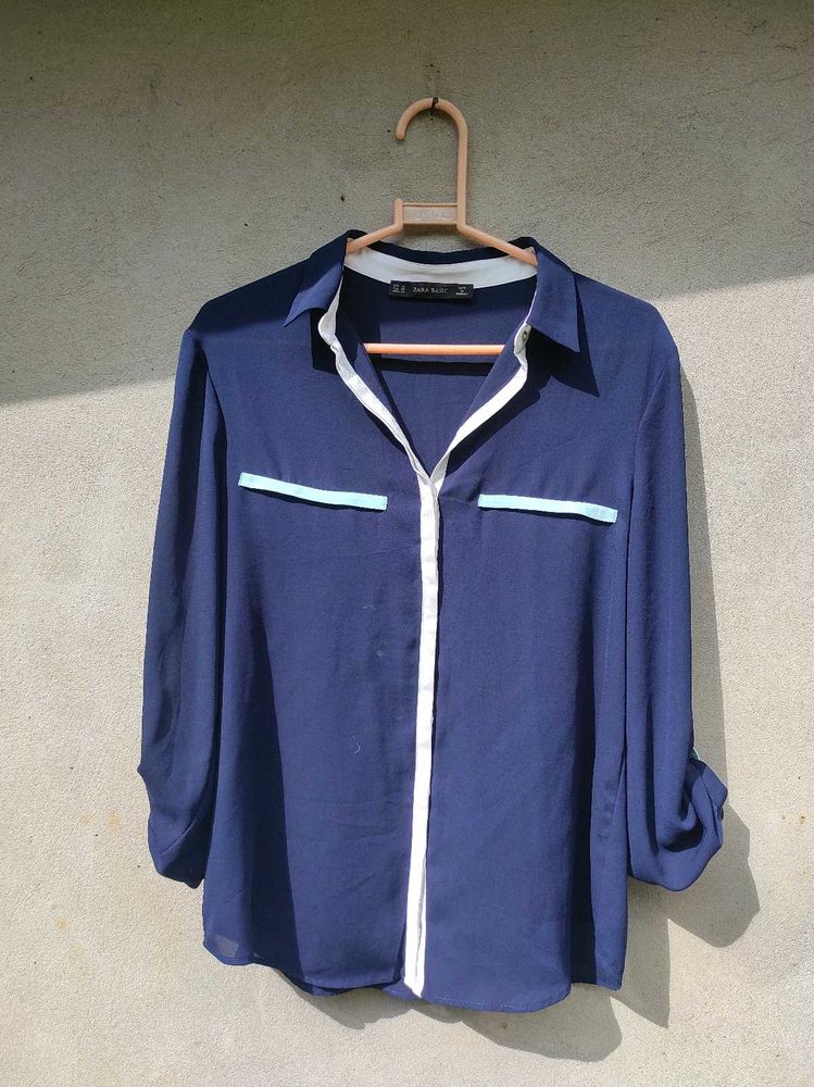 Chic Navy Blue Button-Up Blouse