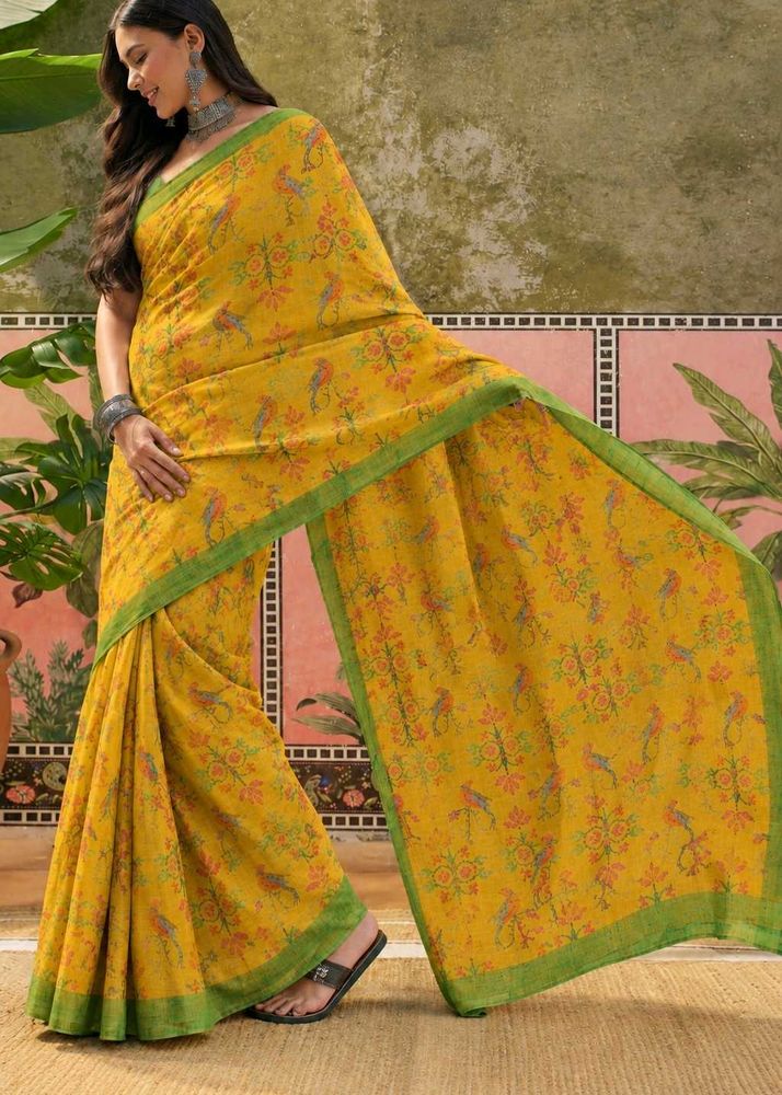 Vibrant Yellow Floral Bird Print Saree