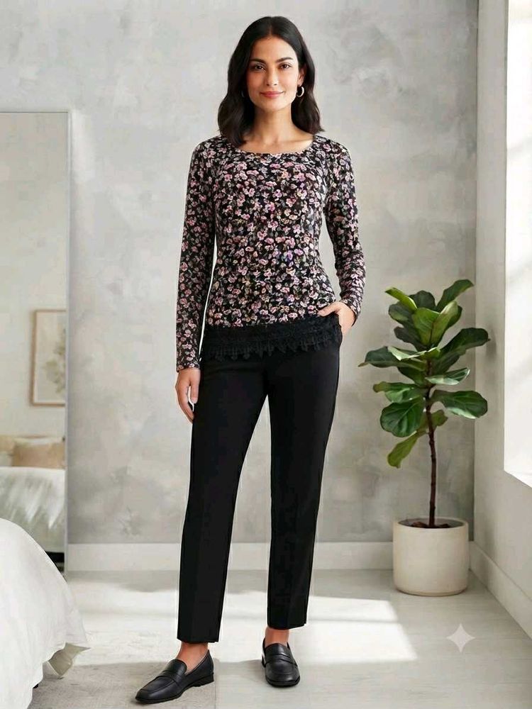 Floral Print Long Sleeve Top with Lace Trim