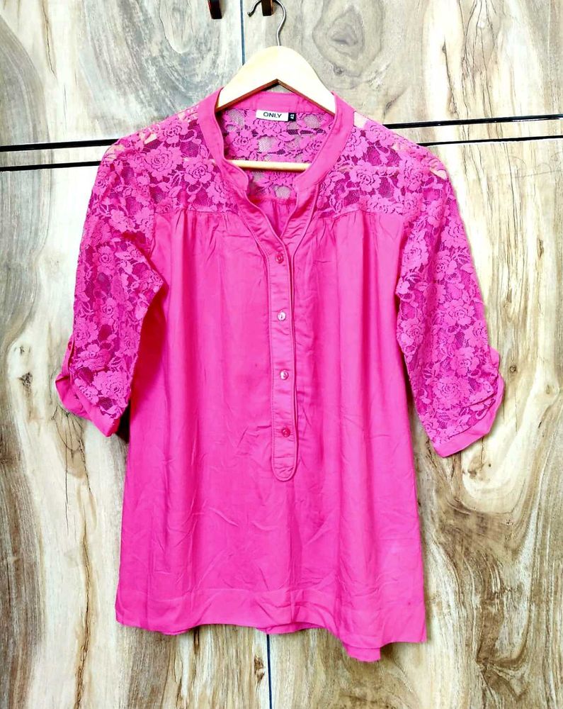 Women's Pink Lace Sleeve Tunic Top Size-36